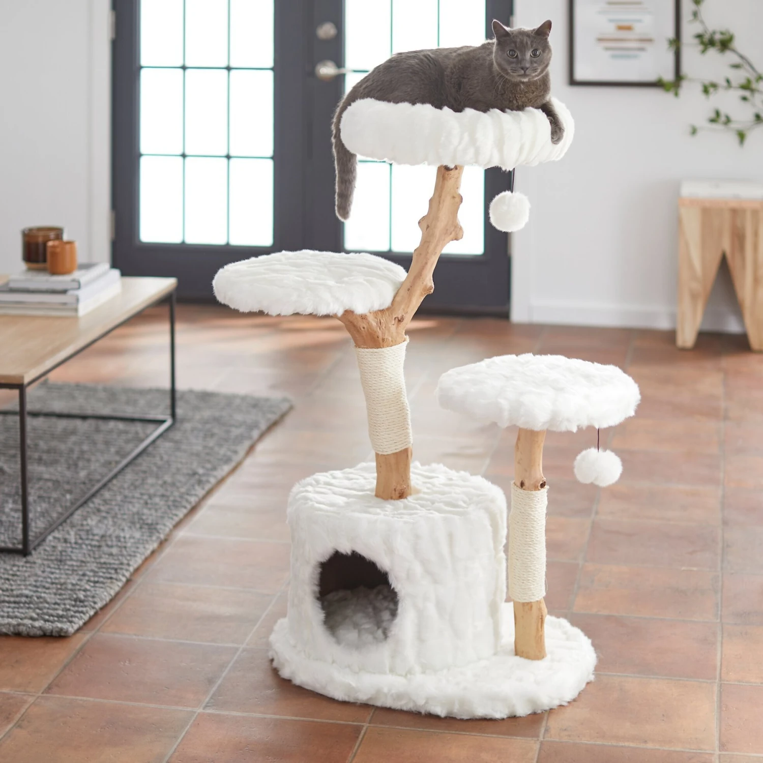 Frisco Natural Wood Modern Cat Tree With Toy, Ivory, Large 3 Frisco Natural Wood Modern Cat Tree With Toy, Ivory, Large
