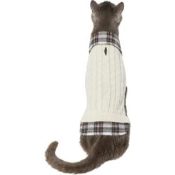 Frisco Cream Cable Knit Dog & Cat Sweater, White/Red Plaid -Pet Cat Store 268057 PT2. AC SS1800 V1628740011