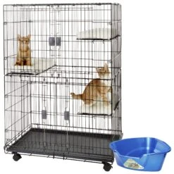 Frisco Collapsible Wire Cat Cage Playpen & Van Ness High Side Corner Cat Litter Pan, Blue